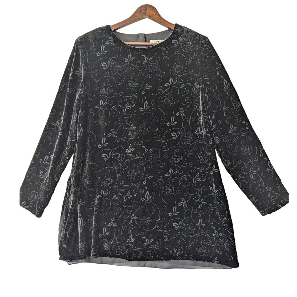 Vintage Kay Unger Petites Black Velvet Floral Burnout Button Back Tunic Size 12